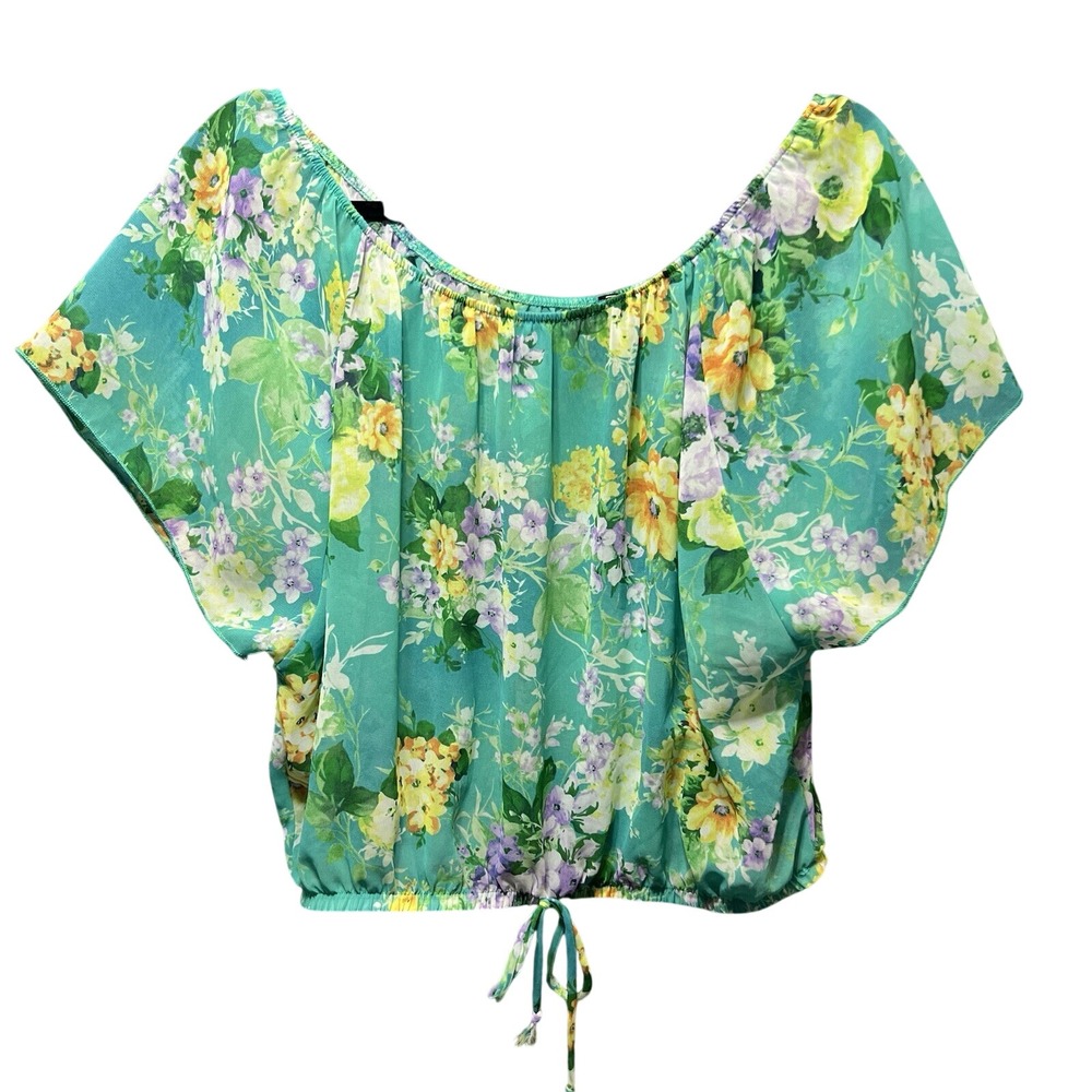 ESTAM Floral Chiffon Off‎ Shoulder Crop Top Teal Green Large 21654A